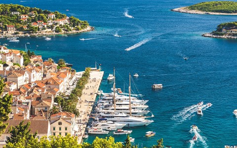 An aerial view of a coastal town